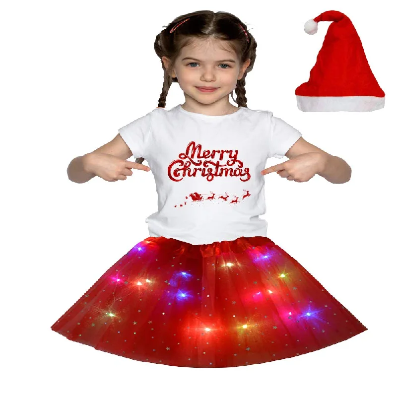 Christmas T_Shirt and Tutu Led Skirt with X-Mas Santa Cap Christmas Party Dress for Girls Tunics Party sparkling Christmas T_Shirt and Tutu Led Skirt with X-Mas Santa Cap Christmas Party Dress for Girls Tunics Party sparkling