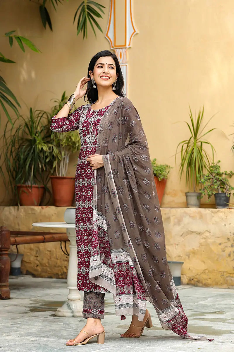 Ahika Women Cotton Burgundy Ethnic Motifs Printed Straight Kurta Pant Dupatta Set High-Waist Jeans Ahika Women Cotton Burgundy Ethnic Motifs Printed Straight Kurta Pant Dupatta Set High-Waist Jeans