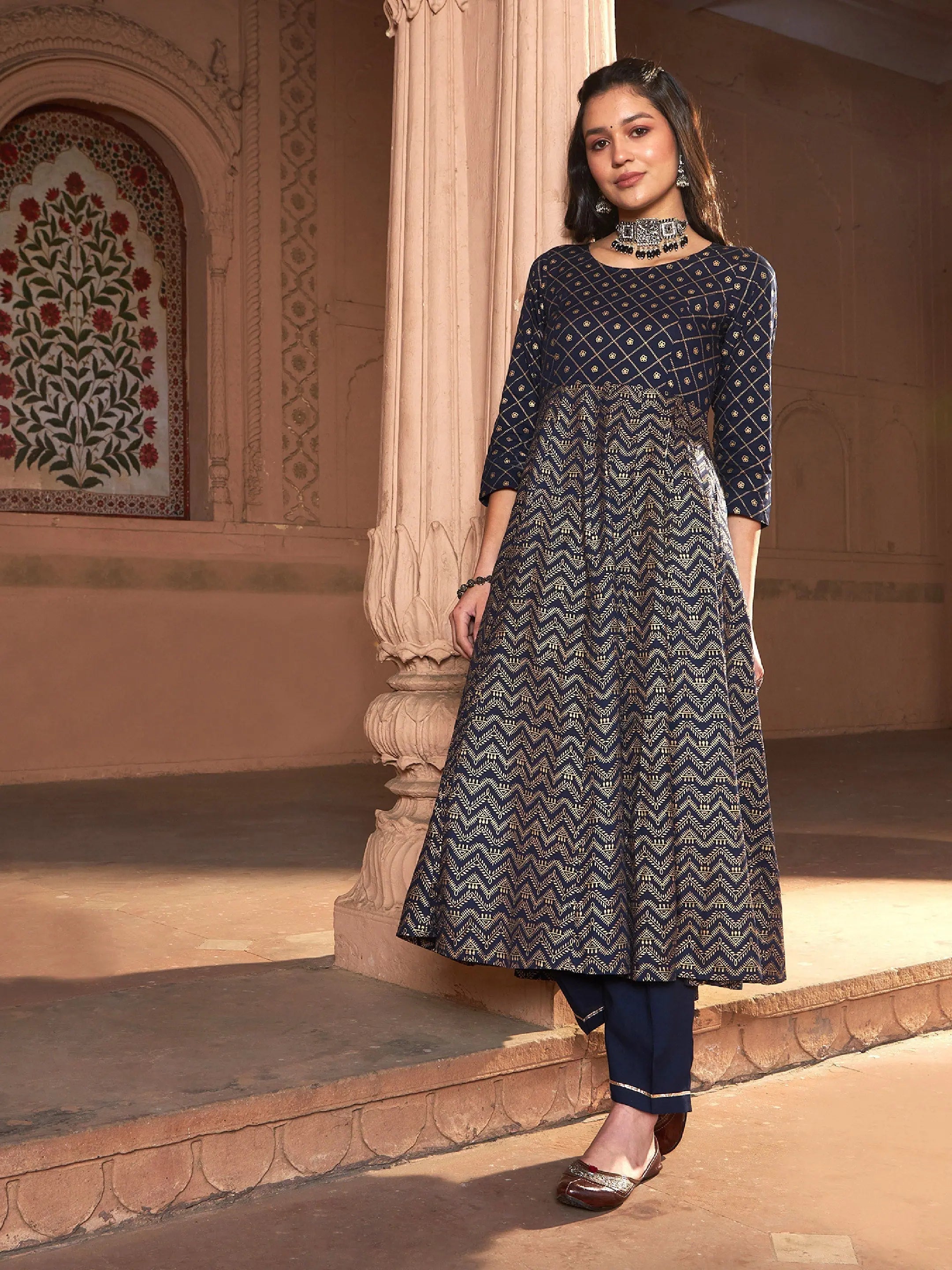 Women Navy Chevron Foil Anarkali Kurta With Pants Trendy Velvet Pants