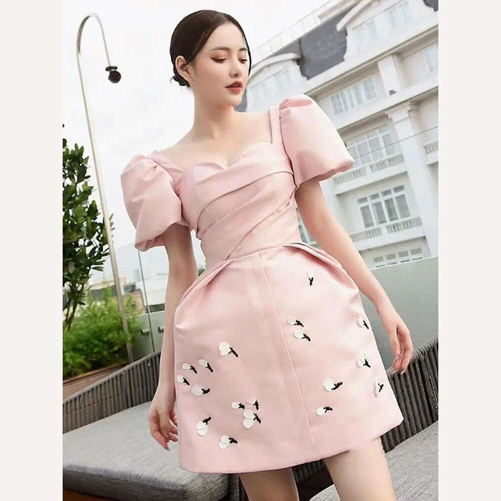DEAT Elegant Dress Puff Sleeve Square Collar Pink Embroidered Flowers Mini Women's Party Dress 2024 Spring New Fashion 13DB4005 Tunics Floral girly DEAT Elegant Dress Puff Sleeve Square Collar Pink Embroidered Flowers Mini Women's Party Dress 2024 Spring New Fashion 13DB4005 Tunics Floral girly