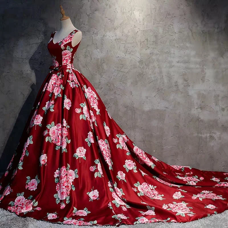 V-Neck Party Dress, Printed Ball Gown, V-Neck Party Dress Glittery Long Formal