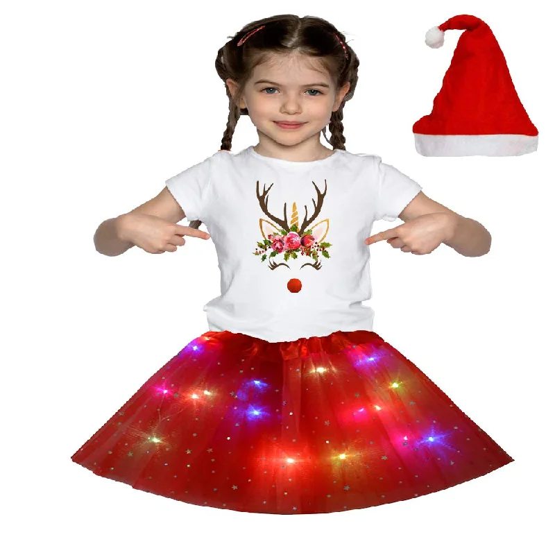 Christmas T_Shirt and Tutu Led Skirt with X-Mas Santa Cap Christmas Party Dress for Girls Tunics Wedding white Christmas T_Shirt and Tutu Led Skirt with X-Mas Santa Cap Christmas Party Dress for Girls Tunics Wedding white