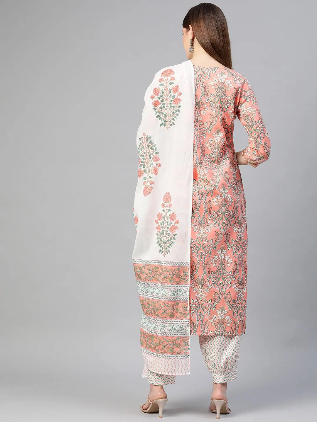 Ahika Women Cotton Peach Ethnic Motifs Printed Straight Kurta Pant Dupatta Set Wide-Legged Palazzos Ahika Women Cotton Peach Ethnic Motifs Printed Straight Kurta Pant Dupatta Set Wide-Legged Palazzos
