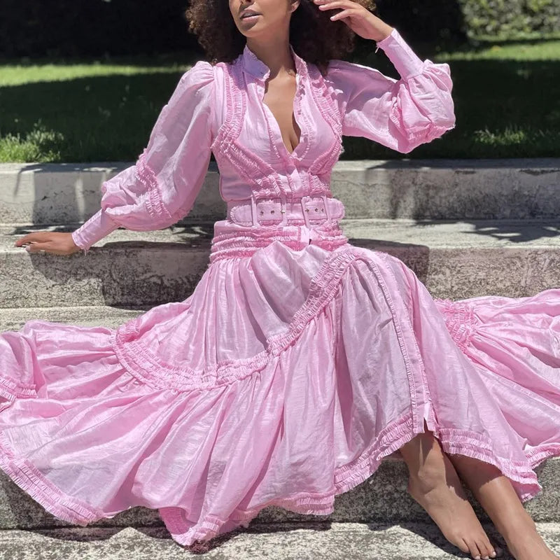 Advbridge Runway Designer Autumn Party Dress Elegant Women Pink Ruffles Single Breasted Lantern Sleeve Shirt Long Dresses With Belt Tunics Running lightweight Advbridge Runway Designer Autumn Party Dress Elegant Women Pink Ruffles Single Breasted Lantern Sleeve Shirt Long Dresses With Belt Tunics Running lightweight