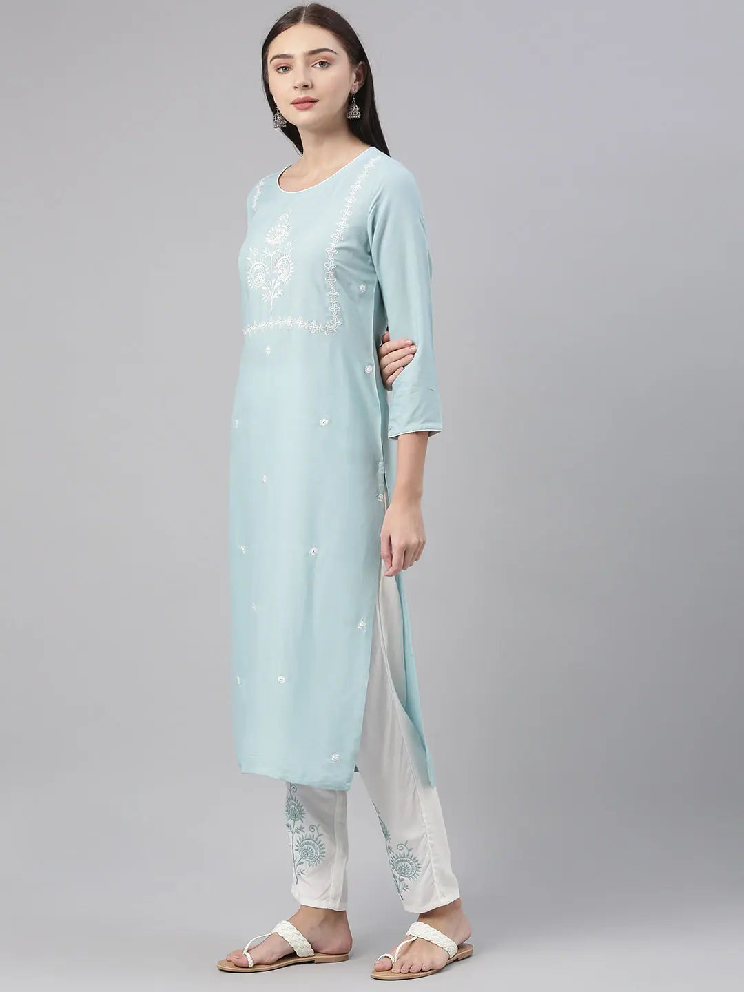 Ahika Women Cotton Blue Solid Printed Straight Kurta Pant Set Trendy Wide-Legged Trousers Ahika Women Cotton Blue Solid Printed Straight Kurta Pant Set Trendy Wide-Legged Trousers