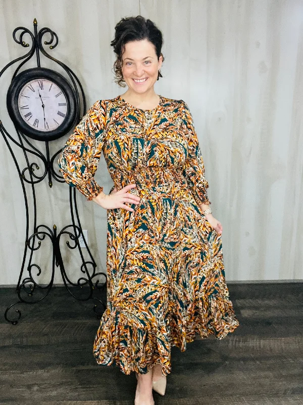 Rhonda Smocking Waist Dress- Colorful Leaf Boat Neckline Classic