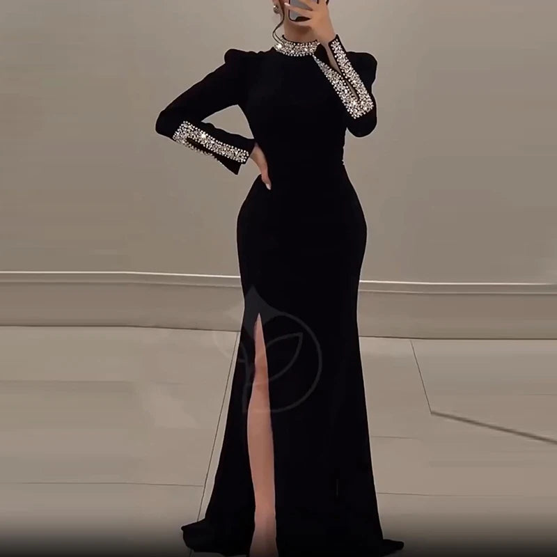Women Elegant Solid High Slit Party Dress Temperament Long Sleeve Slim Evening Gala Dress Turtleneck Rhinestone Banquet Dresses Tunics Gym athletic Women Elegant Solid High Slit Party Dress Temperament Long Sleeve Slim Evening Gala Dress Turtleneck Rhinestone Banquet Dresses Tunics Gym athletic