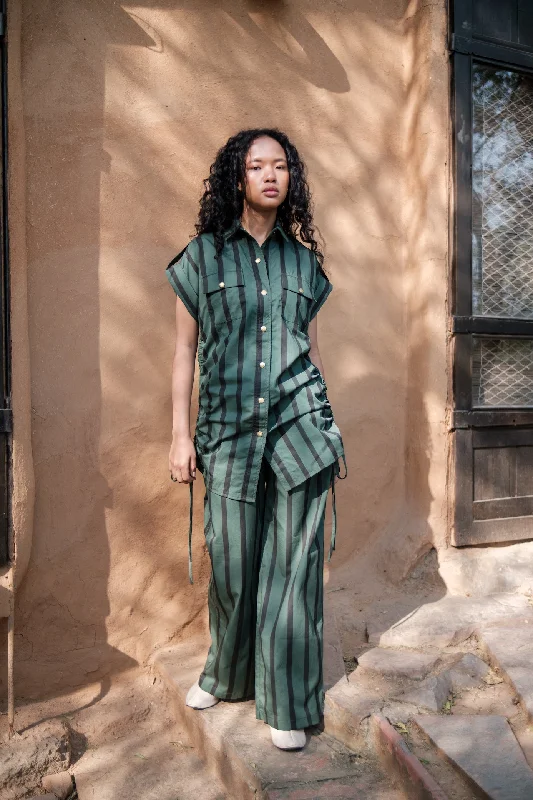 The Terra Tribe Deep Green Stripes Friday Flared Pants Comfortable Wide-Leg Pants
