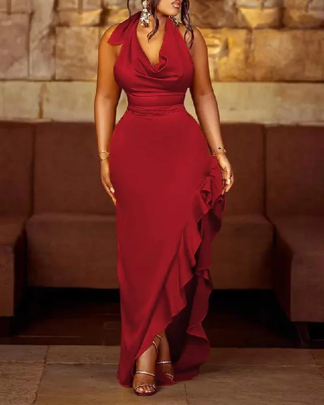 HALTER COWL NECK RUFFLES SLIT BACKLESS PARTY DRESS Off-the-shoulder Chic Trendy