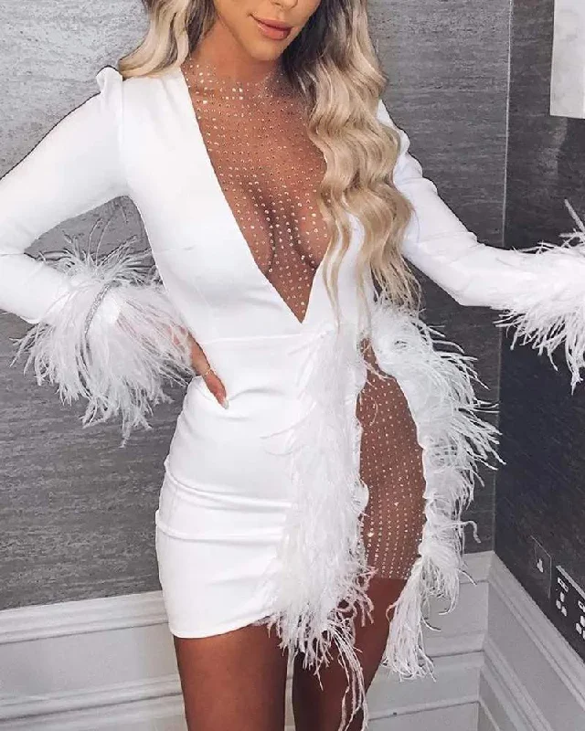 RHINESTONE PATCH SHEER MESH FEATHER TRIM PARTY DRESS Tunics Winter warm