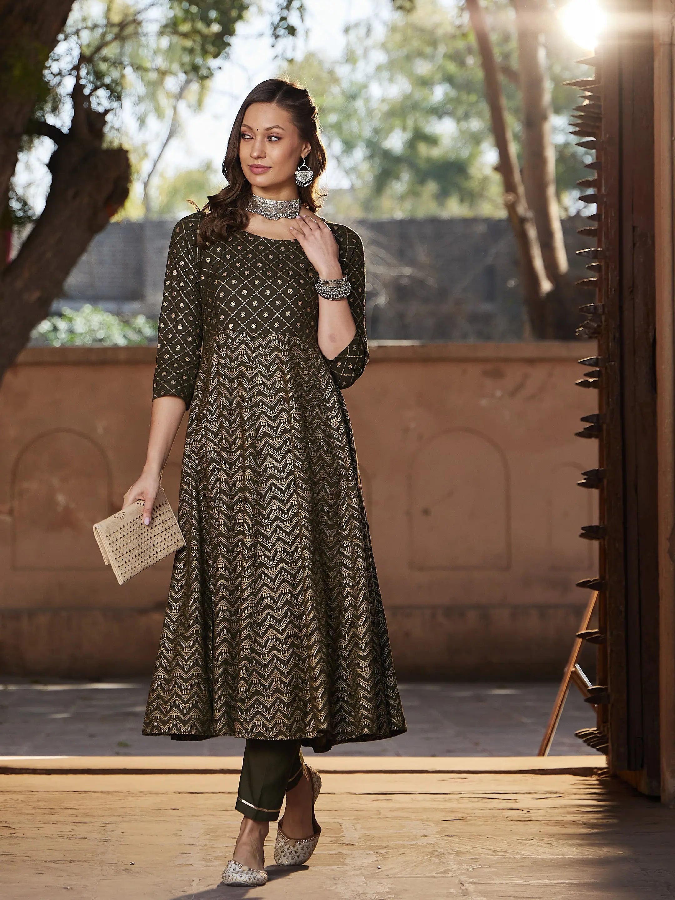 Women Olive Chevron Foil Anarkali Kurta With Pants Comfortable Jogger Trousers