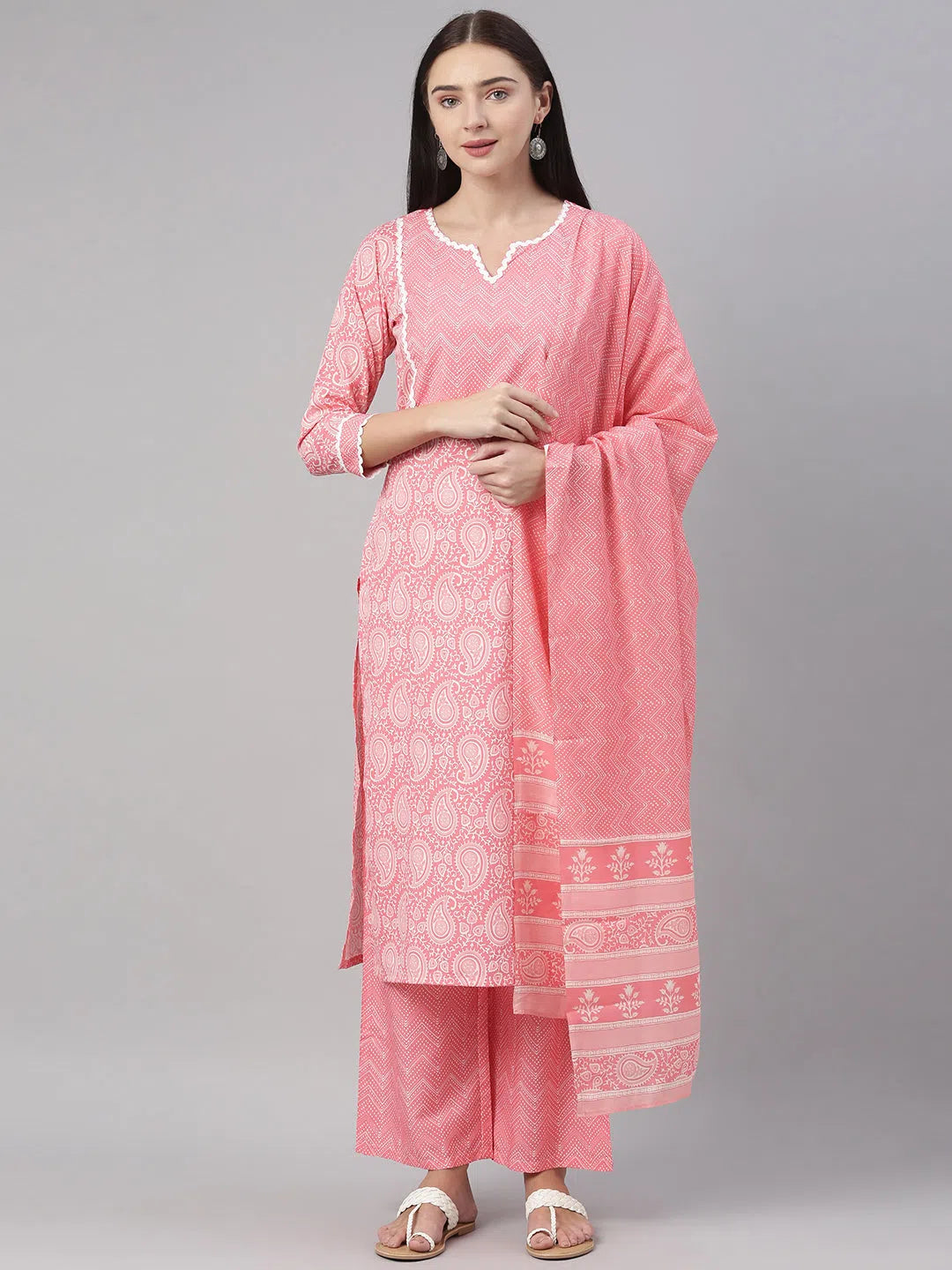 Ahika Women Crepe Pink Paisley Printed Straight Kurta Pant Dupatta Set High-Waist Trousers