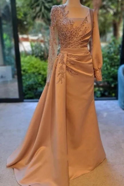 Elegant Long Sleeves Prom Dress Floral Satin Evening Party Dress with Side Sweep Train Tunics stripes playful Elegant Long Sleeves Prom Dress Floral Satin Evening Party Dress with Side Sweep Train Tunics stripes playful