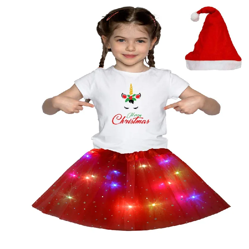 Christmas T_Shirt and Tutu Led Skirt with X-Mas Santa Cap Christmas Party Dress for Girls Tunics Formal black Christmas T_Shirt and Tutu Led Skirt with X-Mas Santa Cap Christmas Party Dress for Girls Tunics Formal black