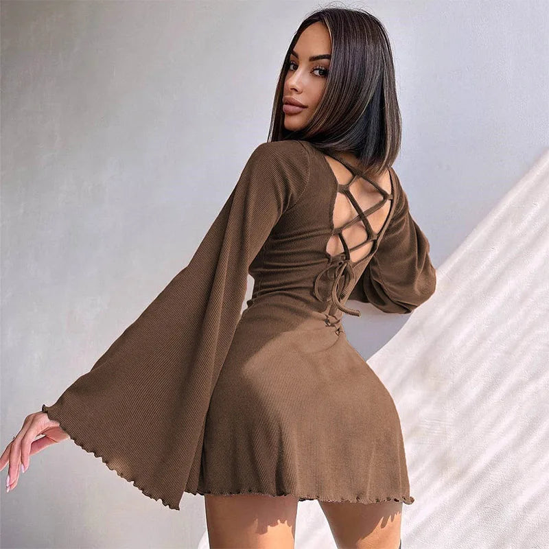 Sexy Dresses Nightclub Mini Short Party Dress Women Back Bandage O Neck A Line Flare Sleeves Autumn Vestidos Ladies Fall Robe Tunics Ceremony elegant