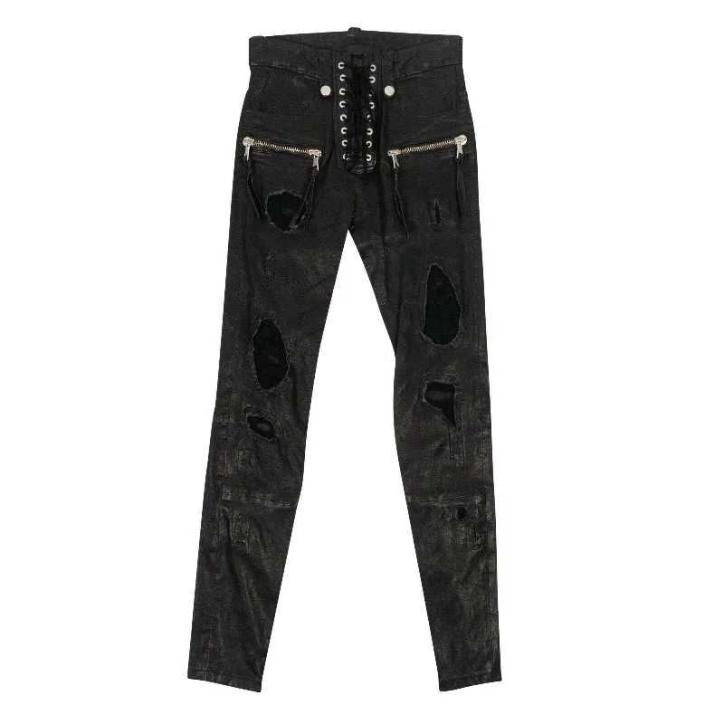 Unravel Project Leather Distressed Lace Up Skinny Pants - Black Slim Fit Casual Pants