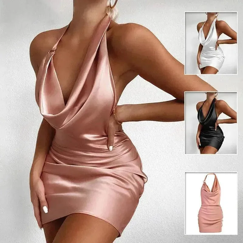 Women's Satin V Neck Backless No Sleeveless Summer Party Dress Tunics Bridal satin