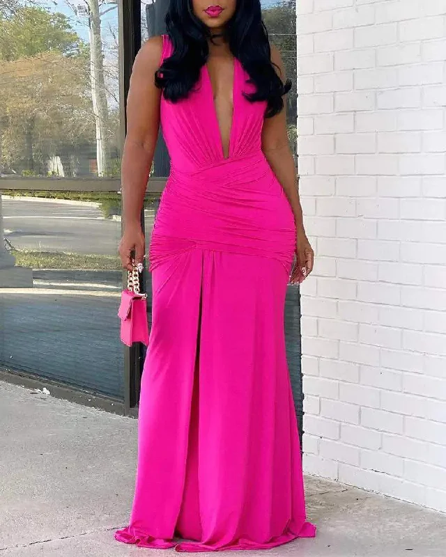 PLUNGING NECK RUCHED HIGH SLIT PARTY DRESS Tunics Luxurious premium
