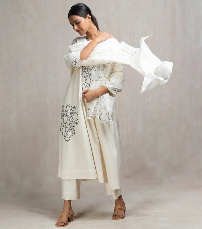 Thread Embroidered Cotton Kurta Set with Pants & Dupatta Trendy Palazzo Pants