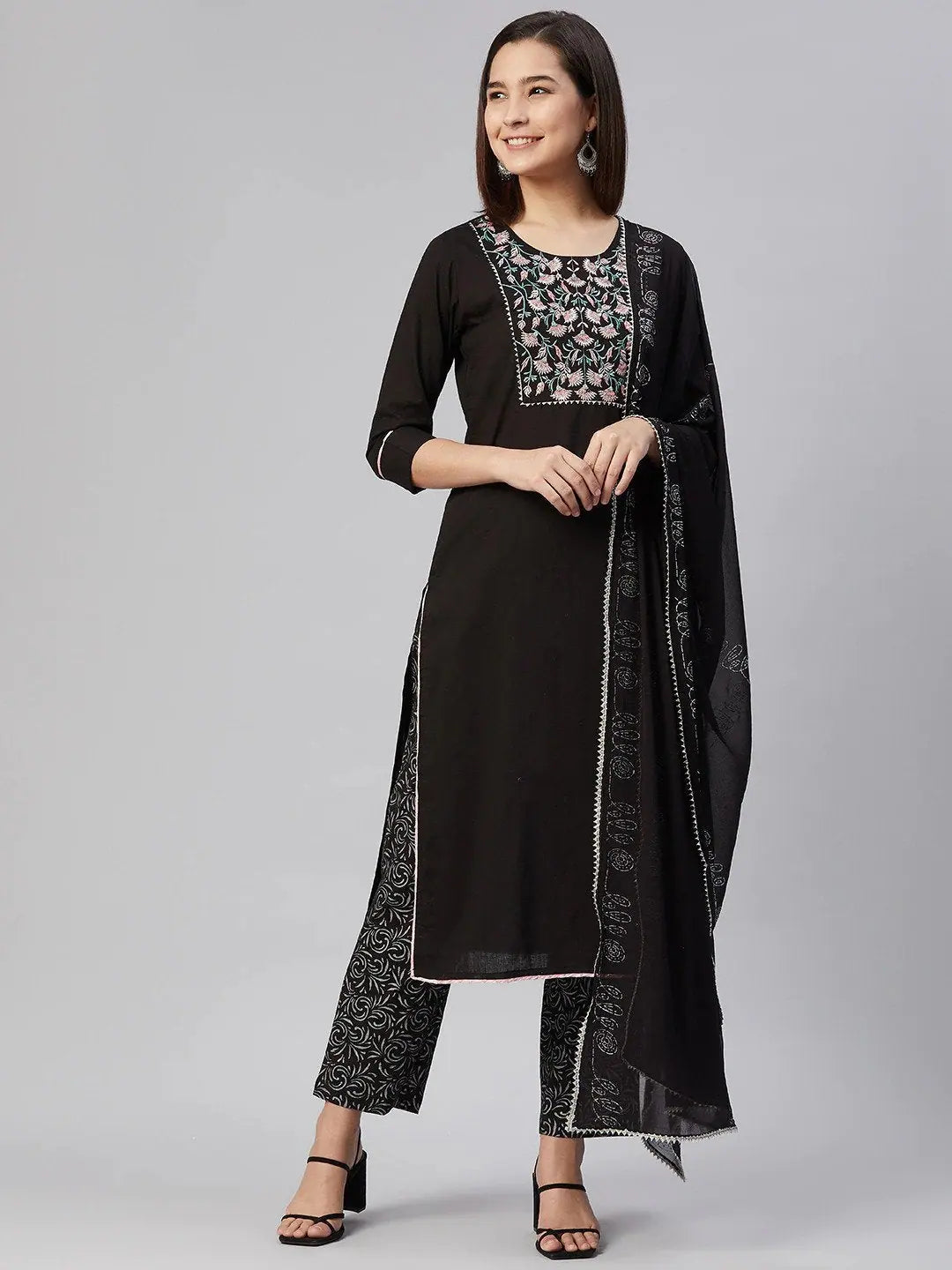 Ahika Women Cotton Black Embroidered Work Straight Kurta Pant Dupatta Set Stretch Fit Pants Ahika Women Cotton Black Embroidered Work Straight Kurta Pant Dupatta Set Stretch Fit Pants