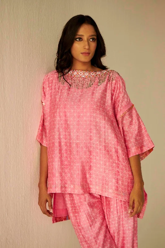 Pink-Samarkand Boat Neck Embroidered Shibori Top And Pants Set Chic Checkered Pants