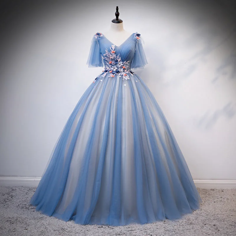 color gauze bouffant dress, performance dress, blue party dress, V-neck ball gown Tunics Practical easy-care