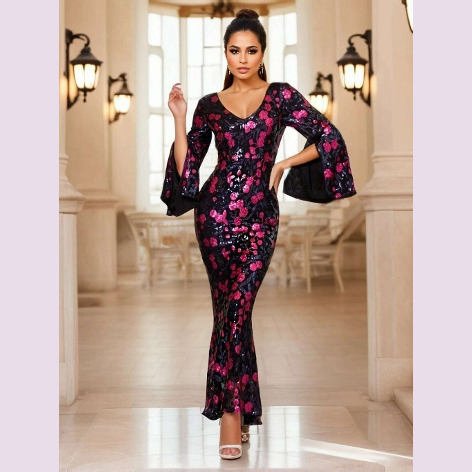 Long Sleeves Sexy V Neck Celebrity Party Dress Flowers Sequined Elegant Celebrity Evening Prom Gown Cocktail Dresses Women 2024 Tunics Vintage classic Long Sleeves Sexy V Neck Celebrity Party Dress Flowers Sequined Elegant Celebrity Evening Prom Gown Cocktail Dresses Women 2024 Tunics Vintage classic