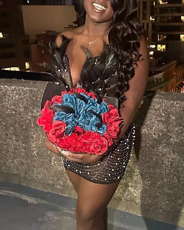 BANDEAU FEATHER DECOR RHINESTONE PARTY DRESS sweetheart Neckline Romantic