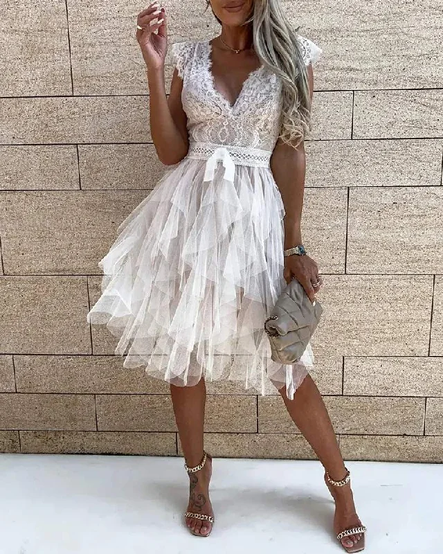 LACE PATCH SHEER MESH SLEEVELESS PARTY DRESS Tunics Canvas sturdy
