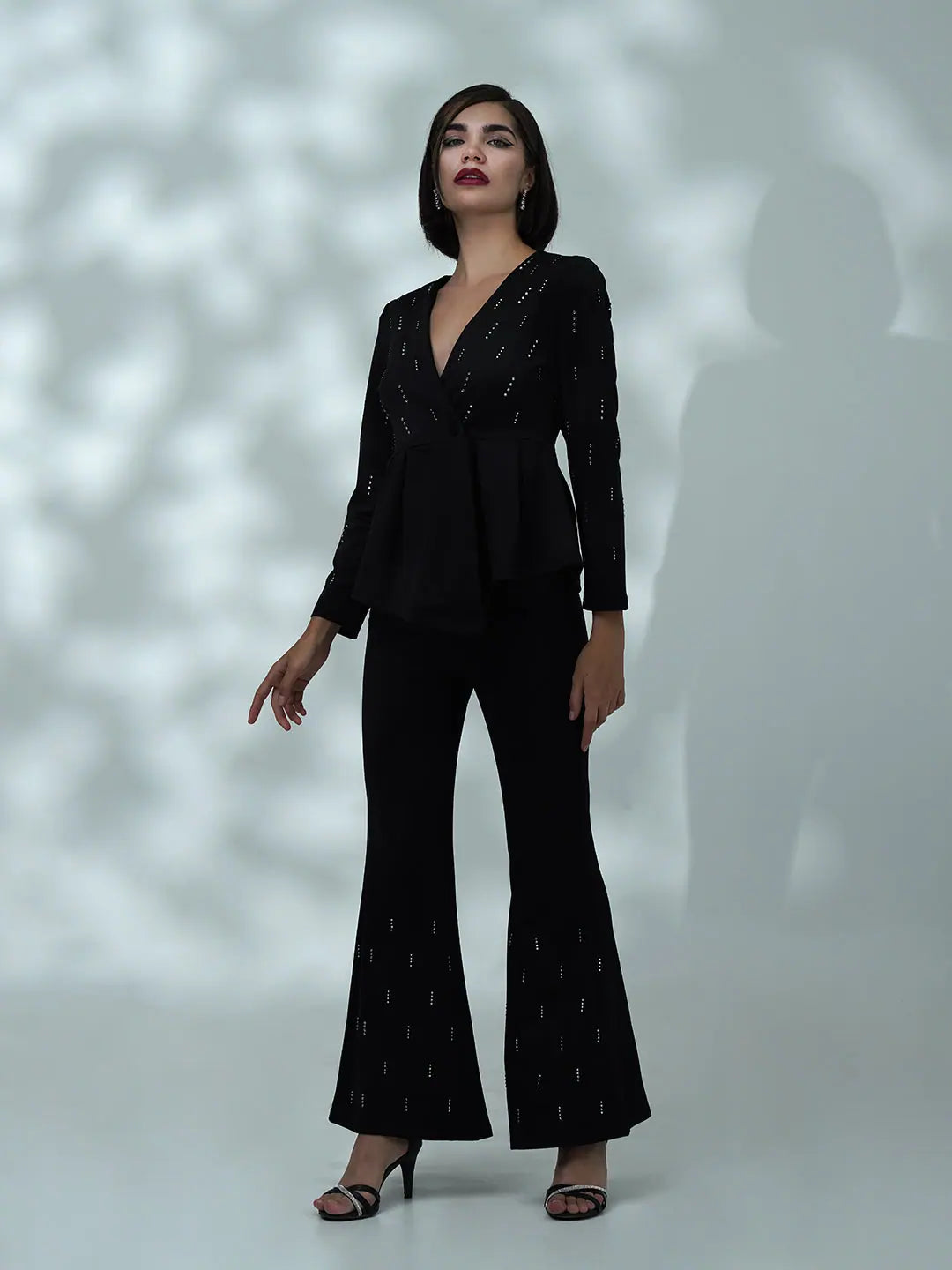 Women Black Studded Bellbottom Pants High-Waist Yoga Pants