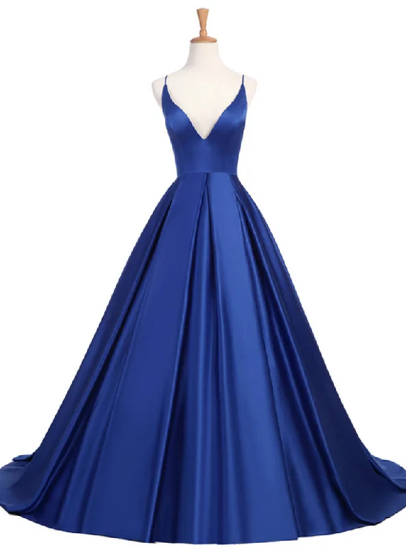 Royal Blue Long V-Neck Open Back Satin A Line Prom Party Dress Bodycon Fitted Nightout