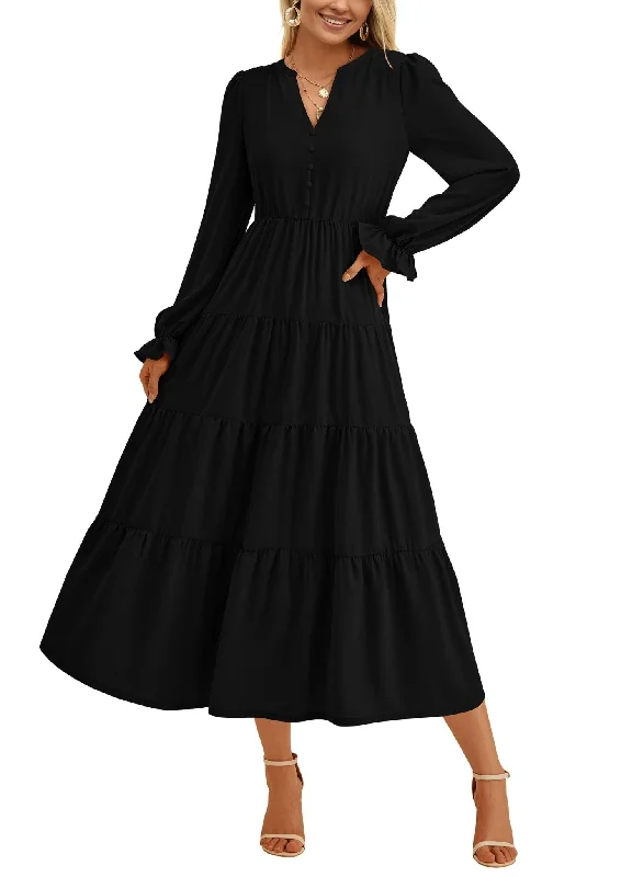 PRETTYGARDEN Women's Fall Maxi Dress Long Sleeve V Neck Tiered Ruffle Flowy A Line Cocktail Party Dresses (Black,X-Large) Tunics Business professional PRETTYGARDEN Women's Fall Maxi Dress Long Sleeve V Neck Tiered Ruffle Flowy A Line Cocktail Party Dresses (Black,X-Large) Tunics Business professional
