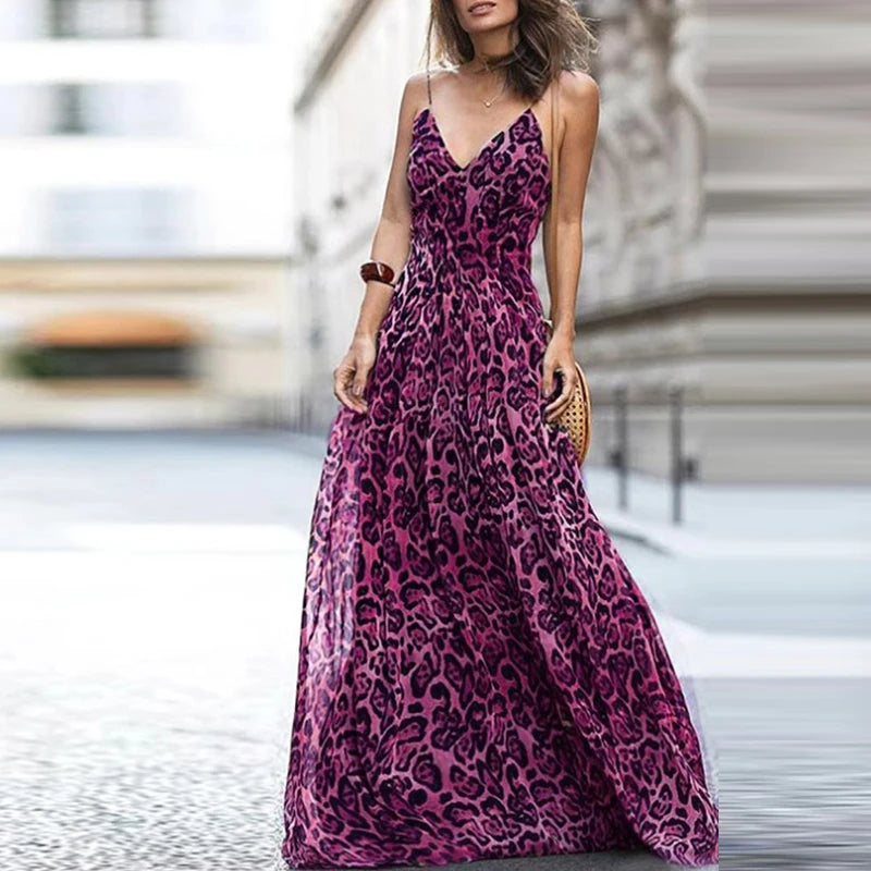 Advbridge - Elegant Deep V-neck Sleeveless Bohe Long Dress Women Fashion Leopard Print Suspender Dress Casual Hight Waist Pleat Party Dress Tunics Top Casual Advbridge - Elegant Deep V-neck Sleeveless Bohe Long Dress Women Fashion Leopard Print Suspender Dress Casual Hight Waist Pleat Party Dress Tunics Top Casual