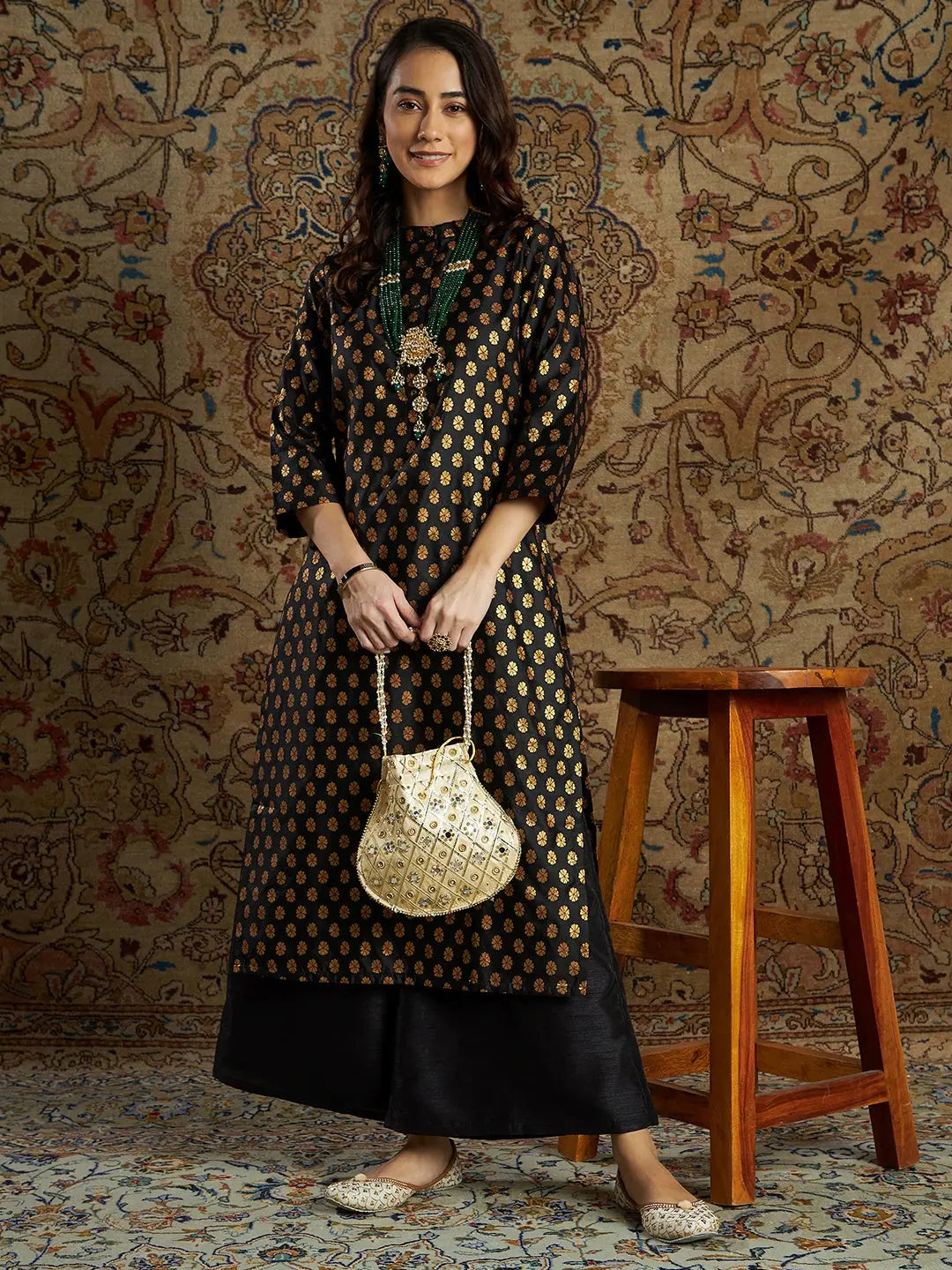 Women Black Floral Brocade Kurta With Palazzo Pants Trendy Work Pants