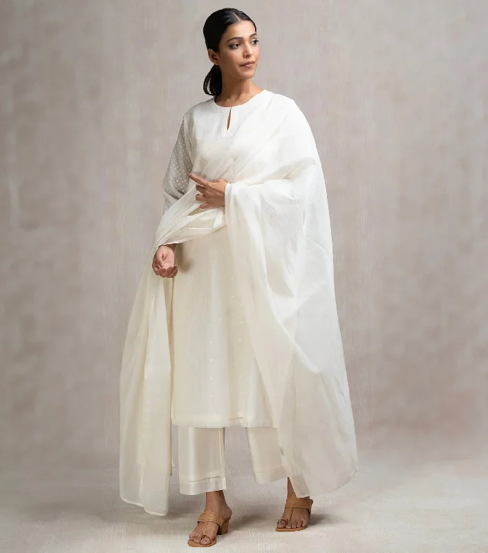 Hand Embroidered Chanderi Kurta Set with Pants & Dupatta Relaxed Lounge Trousers