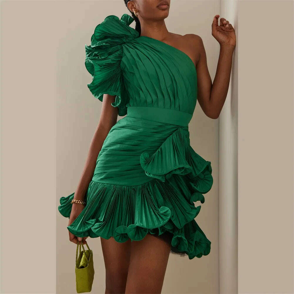 Green Fashion Short Women Dress One Shoulder Ruffles Pleated A-Line Girl Elegant Evening Party Dresses Custom Made Free Shipping Tunics Distressed trendy Green Fashion Short Women Dress One Shoulder Ruffles Pleated A-Line Girl Elegant Evening Party Dresses Custom Made Free Shipping Tunics Distressed trendy