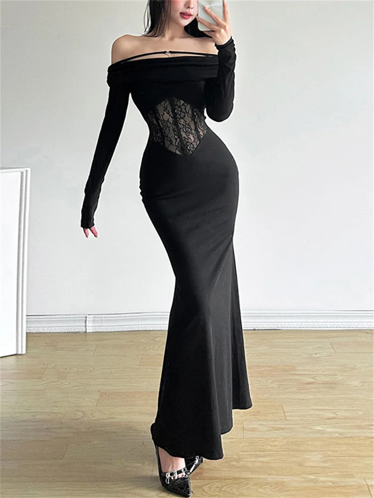 Advbridge - Black Off-Shoulder Hollow Out Maxi Dress Women Lace See-Through Patchwork Printed Sexy Dress Ladies Party Dress Clothes Turtleneck Warm Winter Advbridge - Black Off-Shoulder Hollow Out Maxi Dress Women Lace See-Through Patchwork Printed Sexy Dress Ladies Party Dress Clothes Turtleneck Warm Winter
