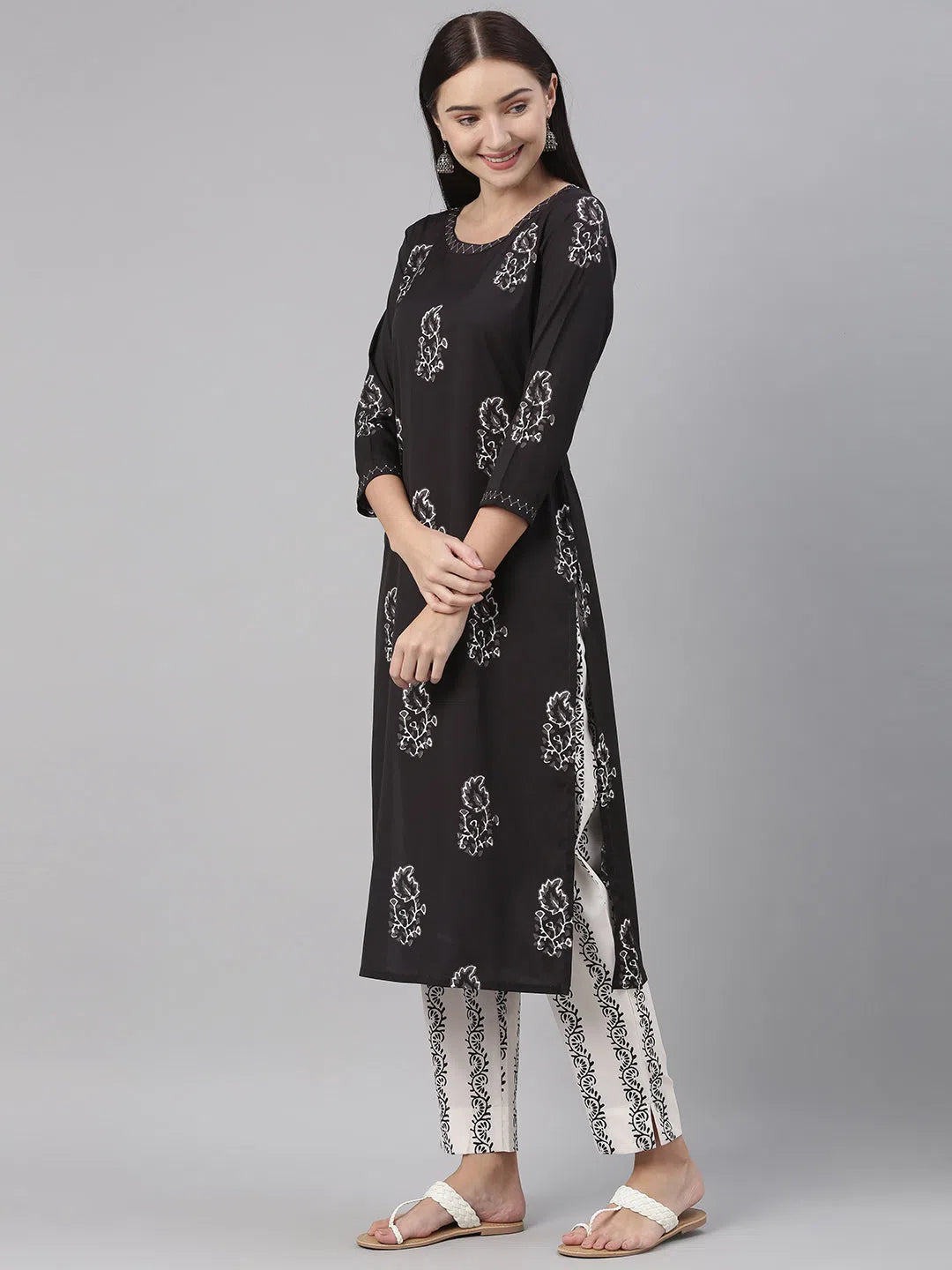 Ahika Women Crepe Black Ethnic Motifs Printed Straight Kurta Pant Dupatta Set Chic Slim Fit Pants