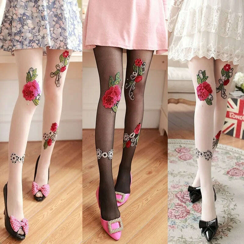 Women Sexy Pantyhose Tights Rhinestones Opaque Embroidery Flowers Party Dress Style Lace Panty Transparent Silk Stockings Female Tunics Handmade artisanal Women Sexy Pantyhose Tights Rhinestones Opaque Embroidery Flowers Party Dress Style Lace Panty Transparent Silk Stockings Female Tunics Handmade artisanal