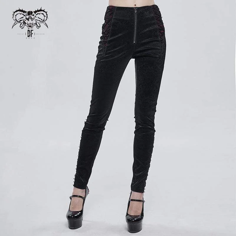 Women's Gothic Lace Splice Zipper Pants Soft Stretch Leggings