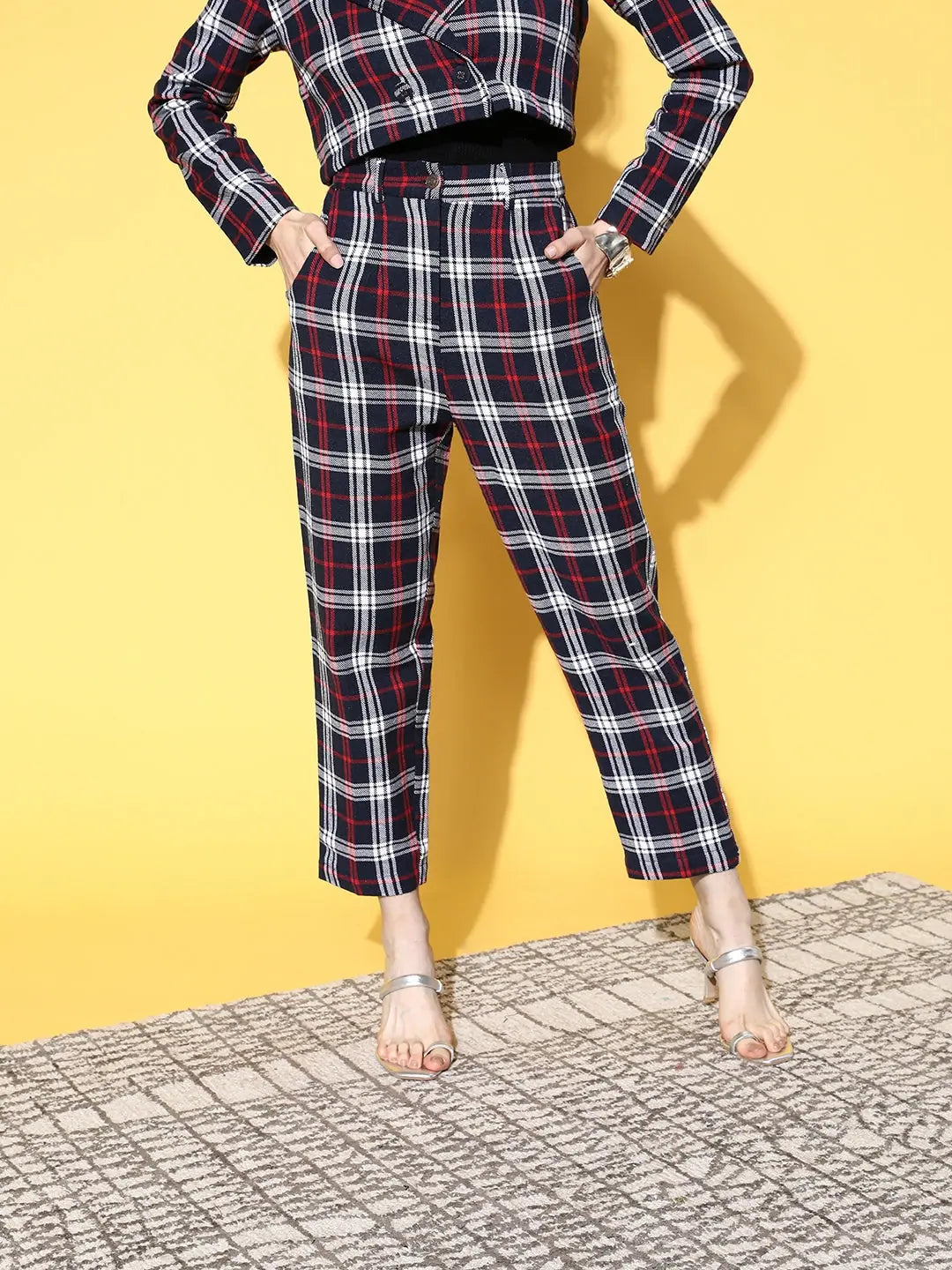 Women Navy Flannel Check Tapered Pants Trendy Wide-Legged Trousers