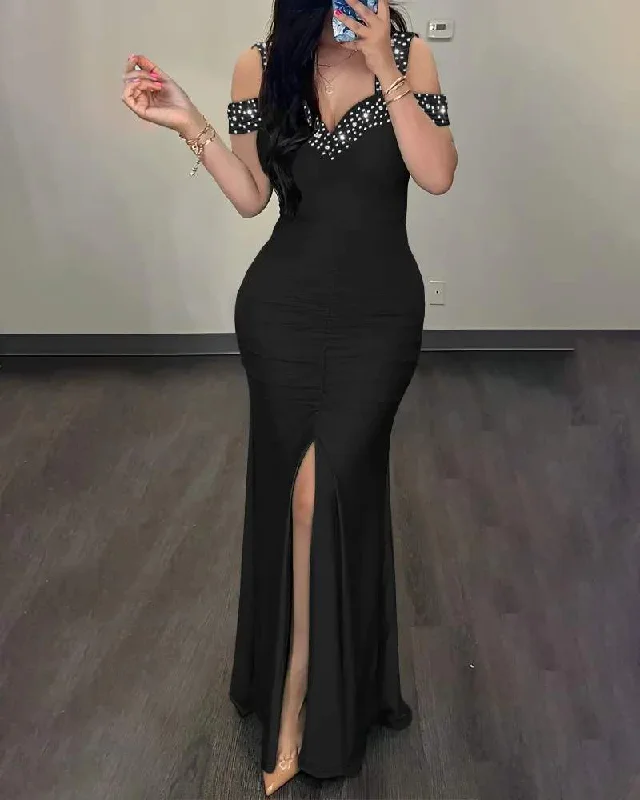 RHINESTONE COLD SHOULDER SLIT RUCHED PARTY DRESS Boatneck Modish Everyday
