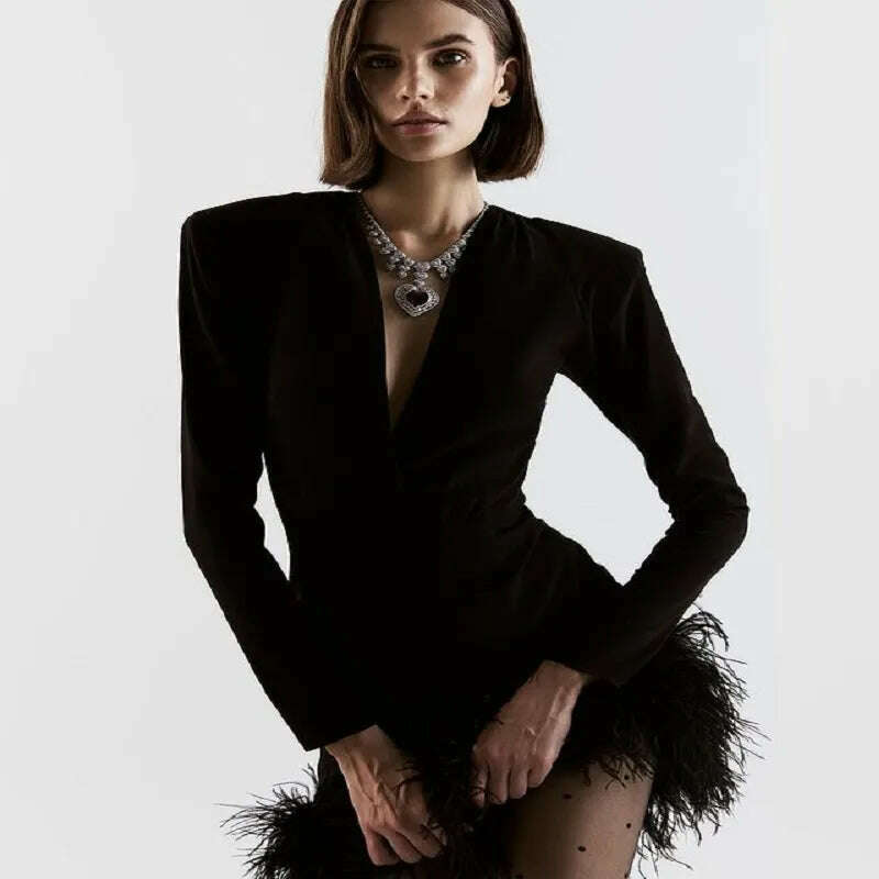 CIEMIILI Mini Bandage Dress Long Sleeve Deep V Neck Feather Decorate Sexy Elegant Celebrity Nightclub Runway Party Dresses Tunics Chinos classic CIEMIILI Mini Bandage Dress Long Sleeve Deep V Neck Feather Decorate Sexy Elegant Celebrity Nightclub Runway Party Dresses Tunics Chinos classic