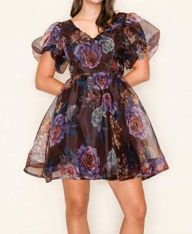 Floral Party Dress In Brown/purple/sage Tunics Brand named