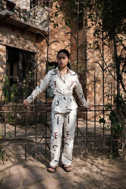 The Terra Tribe Ecru Line Printed Sandra Straight Pants Elegant Wool Trousers