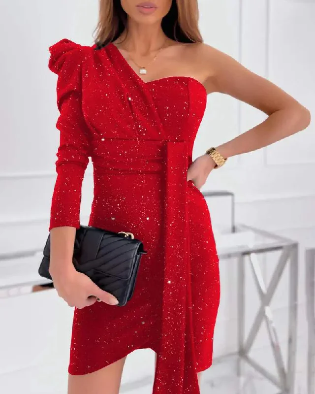 PUFF SLEEVE ONE SHOULDER ASYMMETRICAL PARTY DRESS Tunics Summer linen