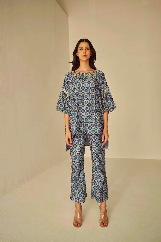 Lilac- Boat Neck Kokand Printed Top And Pants Set Comfy Zip-Up Pants