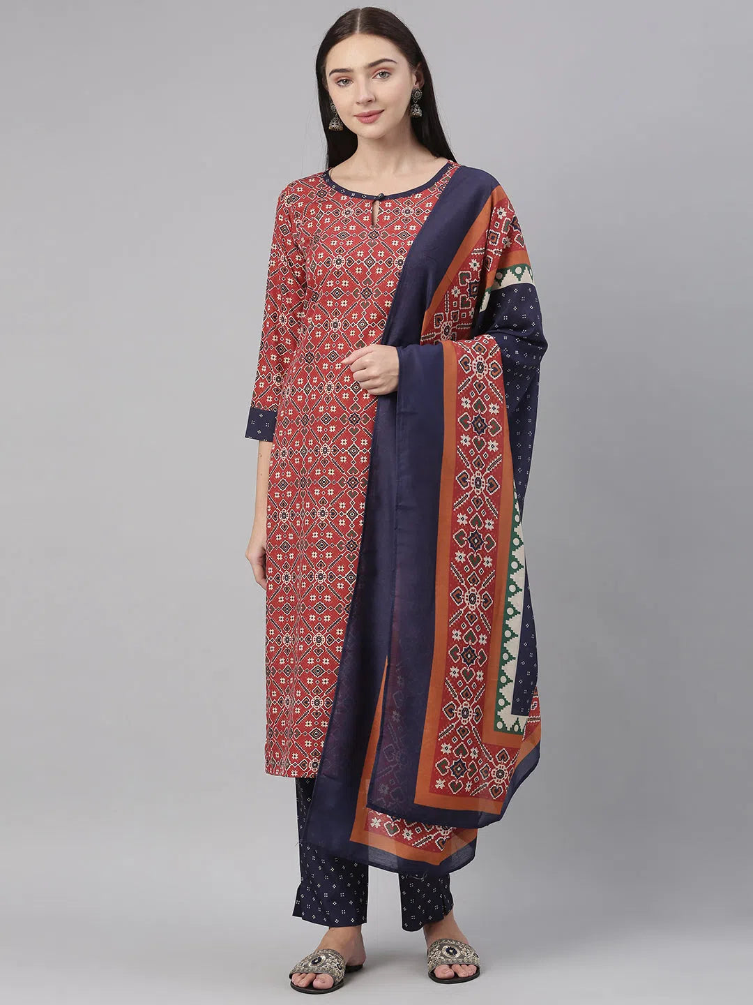 Ahika Women Crepe Red Ethnic Motifs Printed Straight Kurta Pant Dupatta Set 1 Trendy Wide-Leg Pants