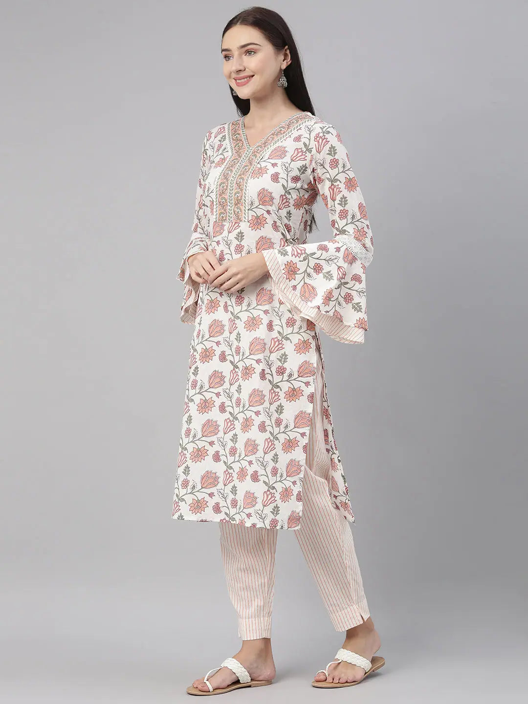 Ahika Women Cotton White Floral Printed Straight Kurta Pant Dupatta Set Comfortable Denim Pants Ahika Women Cotton White Floral Printed Straight Kurta Pant Dupatta Set Comfortable Denim Pants