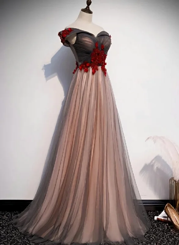A-line Tulle Ruched Embellished Prom Dress, Long Party Dress empire Waist empire